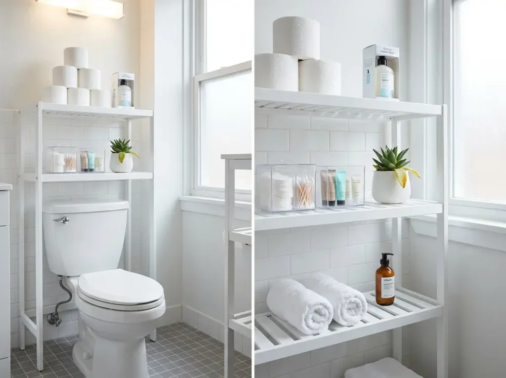 Organized 3-tier freestanding over-toilet storage shelf in a small bathroom with rolled towels, clear bins, and toilet paper