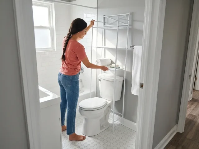 Woman measuring over-toilet storage shelf in small white bathroom