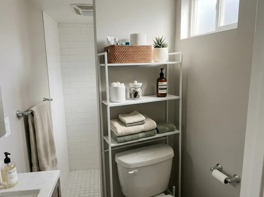 Organized over-toilet shelf with towels and toiletries in a small bathroom