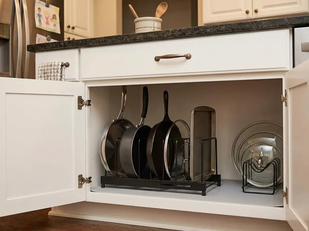 Pan organizer rack holding pots and lids vertically inside lower kitchen cabinet