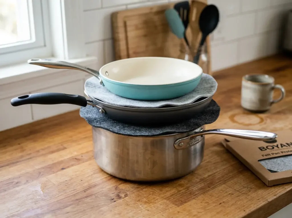 Pan protector pads between stacked pots, showing non-stick coating protection method