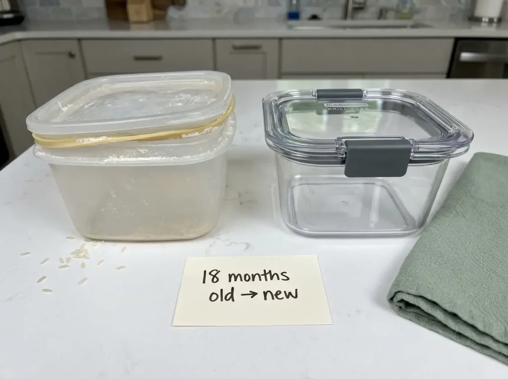 Close-up of warped plastic container lid with degraded silicone seal next to new airtight container