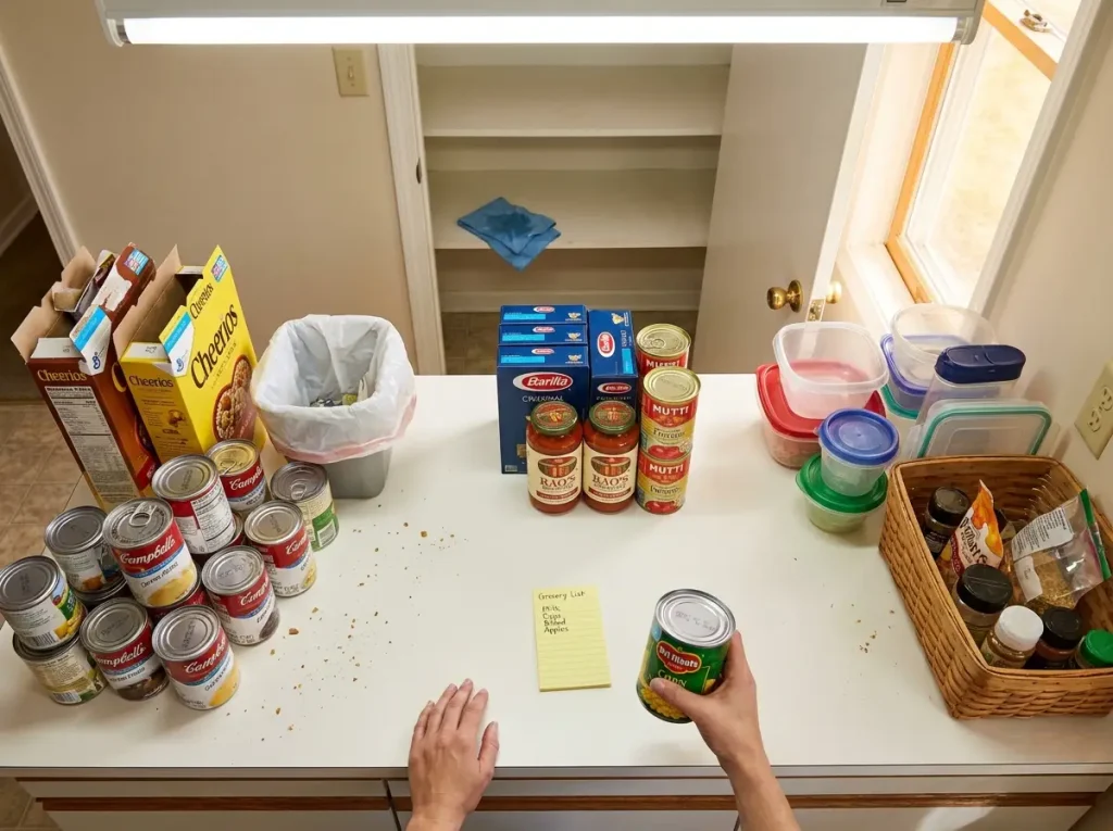 Pantry declutter in progress with expired items separated on kitchen counter