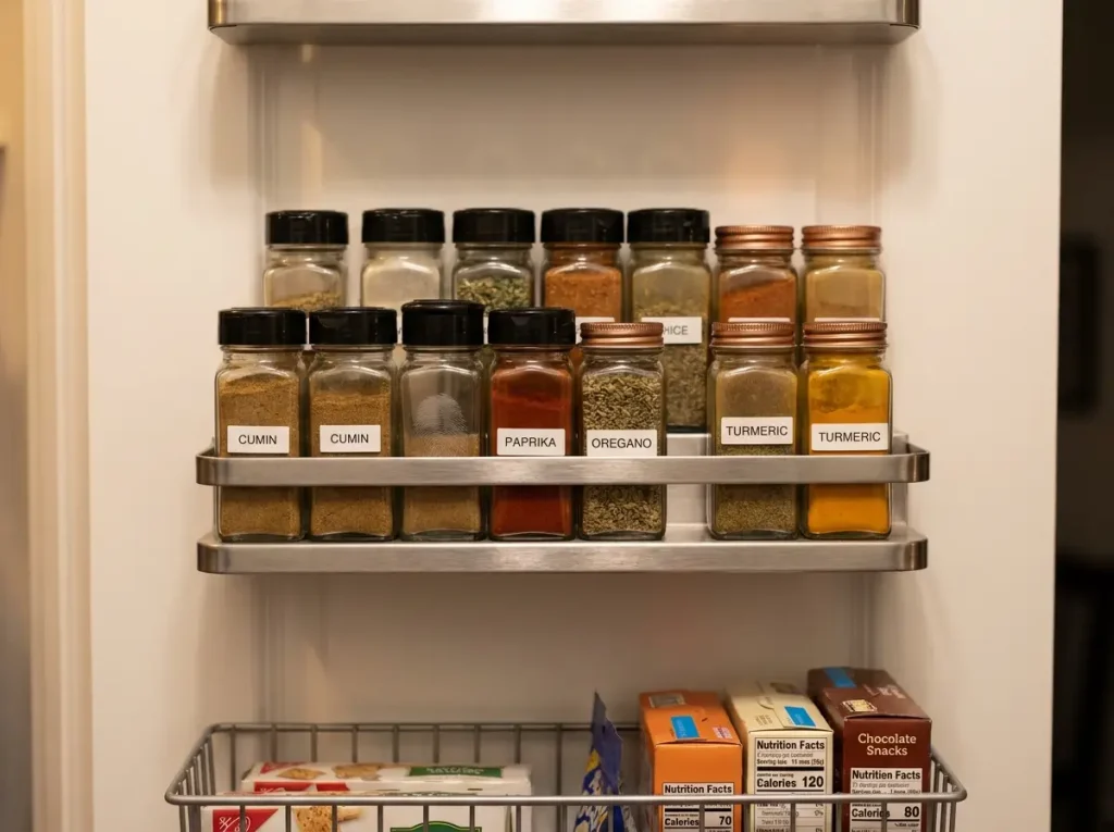 Tiered spice rack mounted on pantry door with labeled glass jars at eye level