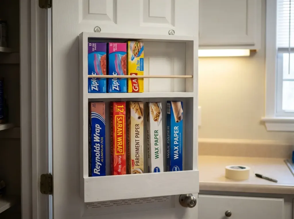 DIY wooden pantry door organizer holding foil, plastic wrap, and bag boxes