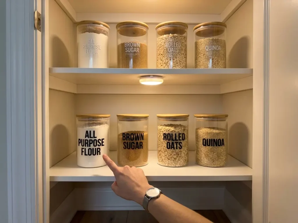 Pantry shelf comparison showing small decorative labels versus large readable labels