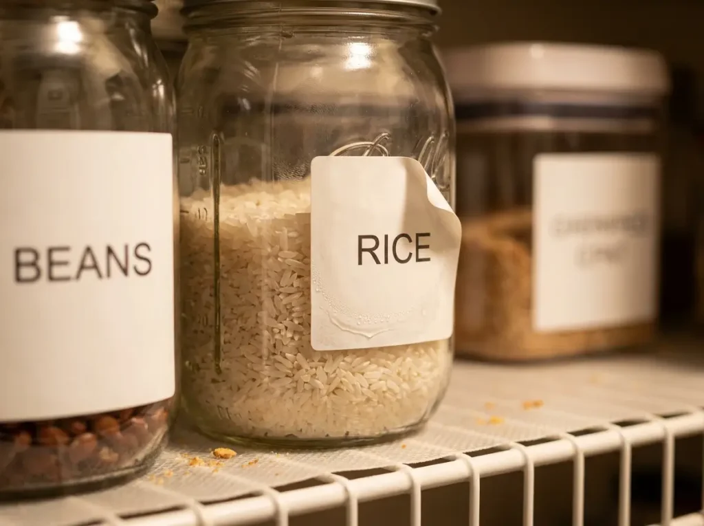 Close-up of a pantry label peeling off a glass jar showing moisture underneath