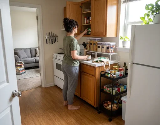Why Your Apartment Pantry Gets Messy Again (and the Fix) Small apartment kitchen with organized cabinet pantry system and slim rolling cart