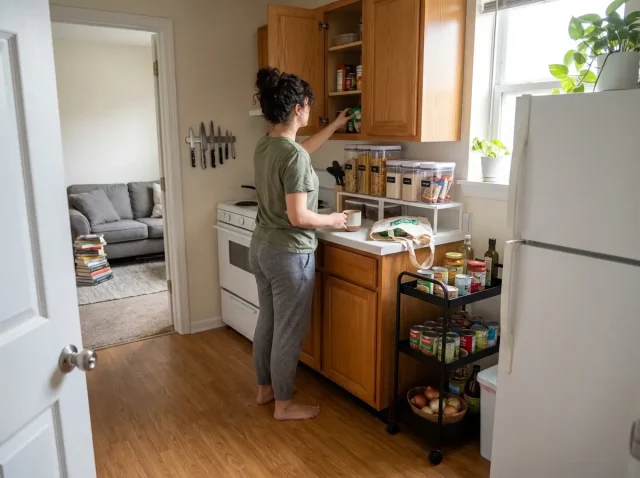 Small apartment kitchen with organized cabinet pantry system and slim rolling cart