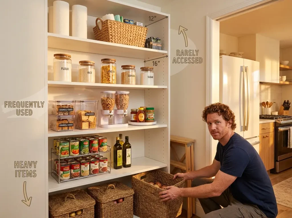 Pantry Organization That Works After the First Week 8 Step by step pantry shelf organization from top to bottom showing placement strategy