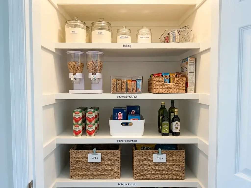 Pantry Organization That Works After the First Week 5 Pantry shelves organized by zones with labeled clear bins and grouped categories