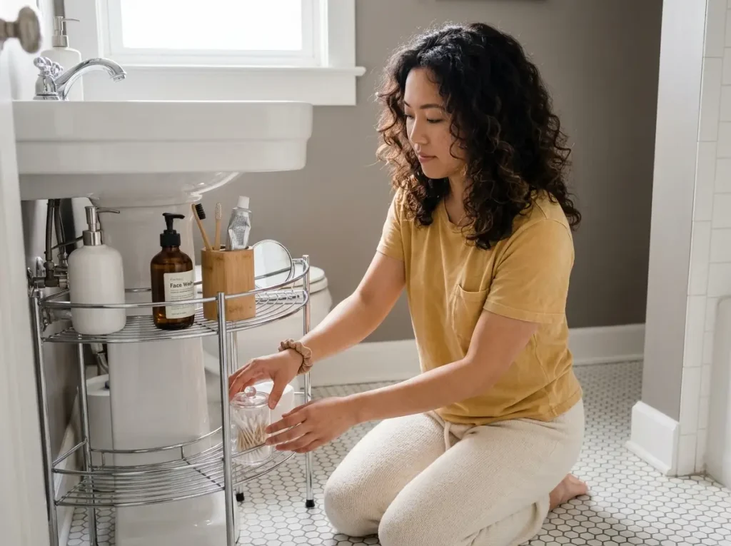 Chinese American woman arranging toiletries in chrome wrap-around pedestal sink organizer with two semi-circular shelves