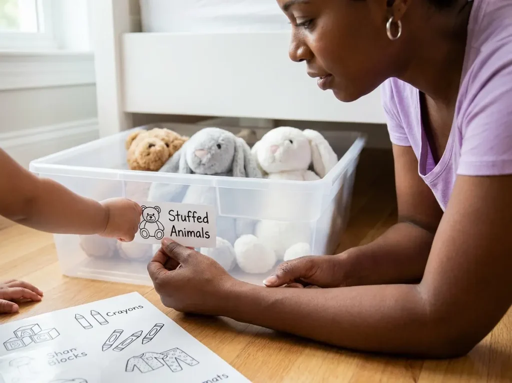 Child's hand and adult's hand applying a picture label of a stuffed bear to a clear storage bin under a kids' bed