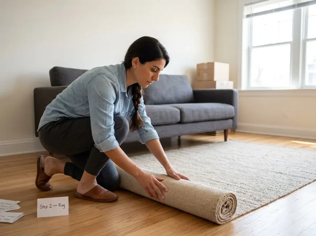 Woman placing area rug under sofa in small living room to define conversation zone