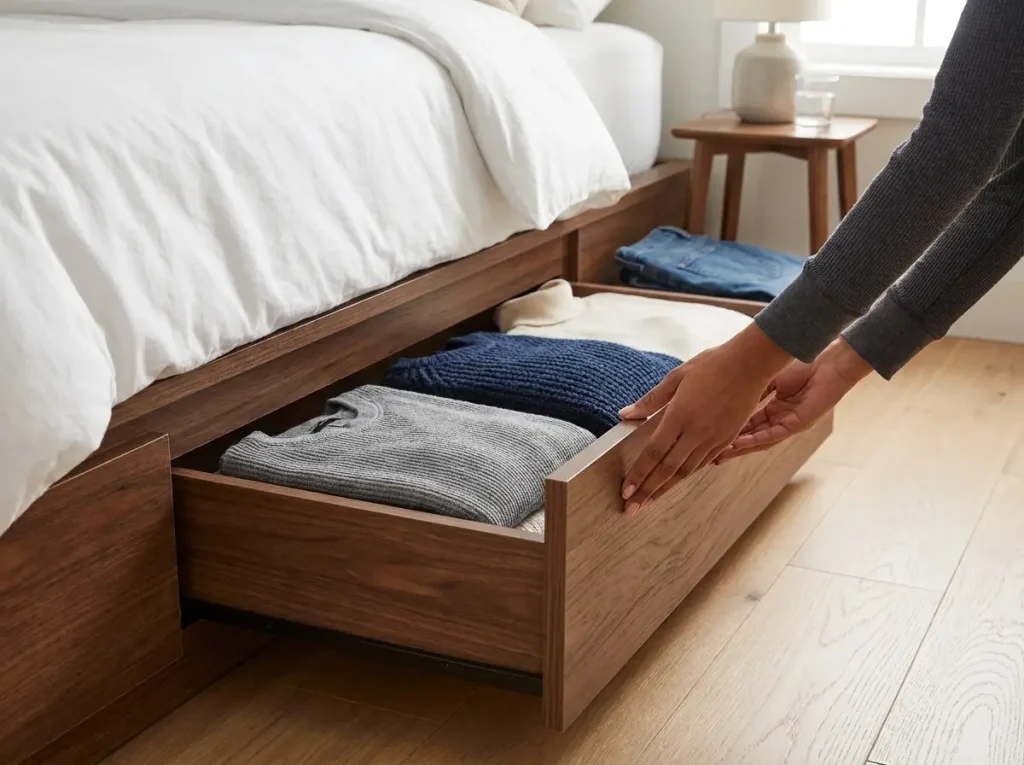 Open storage drawer of platform bed showing neatly folded sweaters with bedroom visible in background