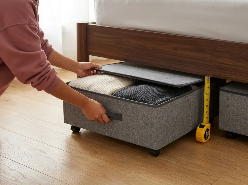 flat storageLAB under-bed container sliding out from under platform bed with 4.5 inch clearance shown