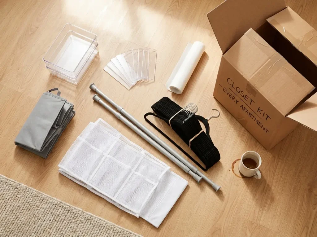 Closet organization kit laid out on bedroom floor next to a moving box with tension rods and bins