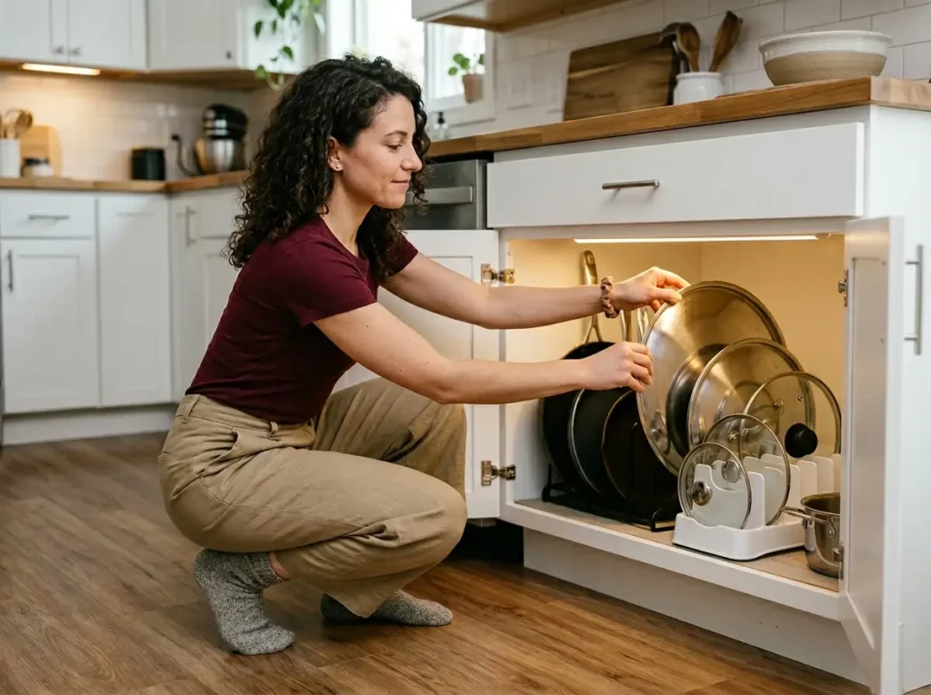 Woman organizing pot lids vertically in a kitchen cabinet using a YouCopia lid organizer