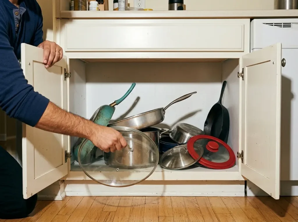 Open kitchen cabinet with pots and pans falling out, showing chaotic cookware storage