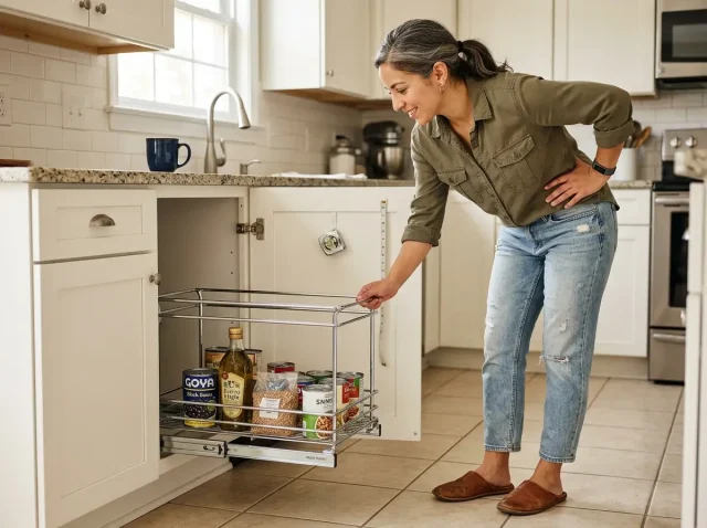 Pull-out cabinet organizer extended showing full access to kitchen base cabinet storage
