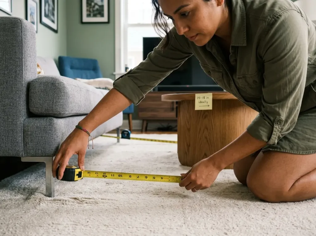 Hands measuring sofa to coffee table gap in quarterly living room arrangement reset