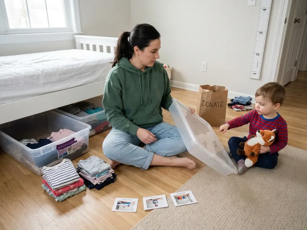 German American woman and young child pulling multiple bins from under a twin bed for seasonal reset in bright kids' room