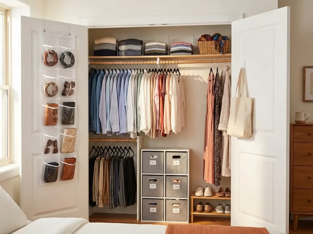 Organized reach-in closet divided into four zones with hanging clothes bins and shoe storage