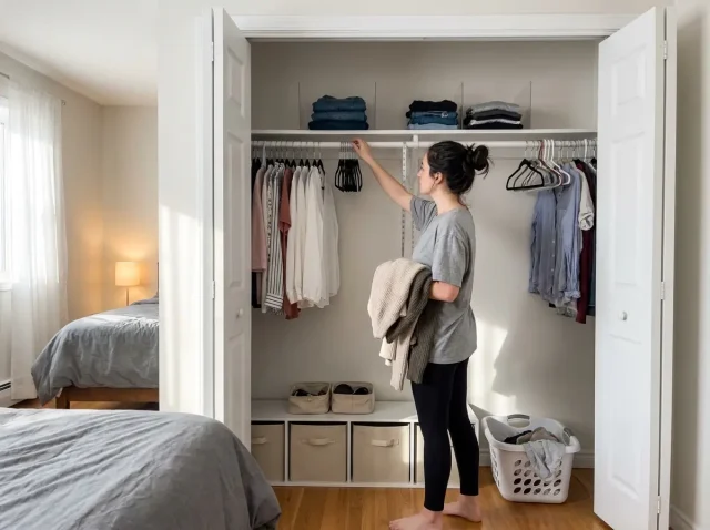 Woman organizing a reach-in closet with velvet hangers and shelf bins in a bright bedroom