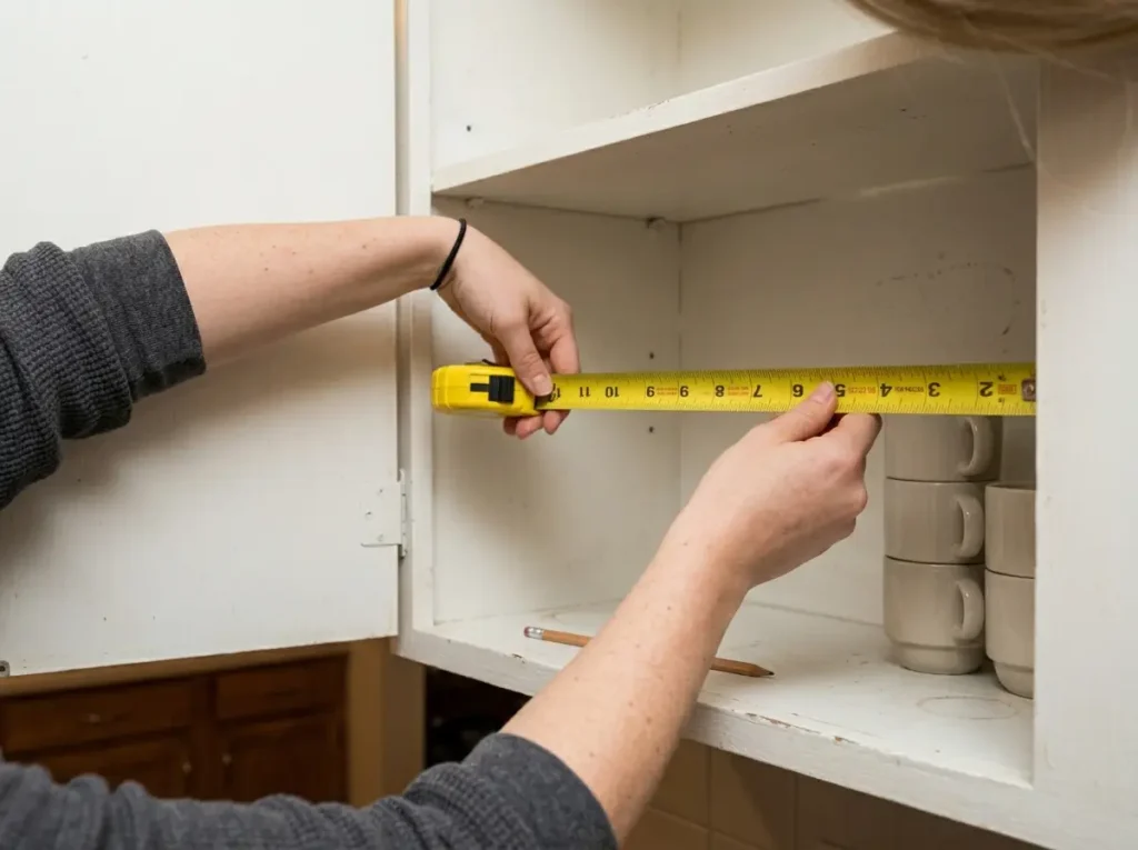 Tape measure showing 12-inch depth of rental kitchen upper cabinet, revealing limited shelf space