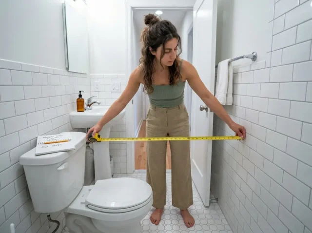 Renter measuring bathroom wall space behind toilet before buying over-toilet storage shelf
