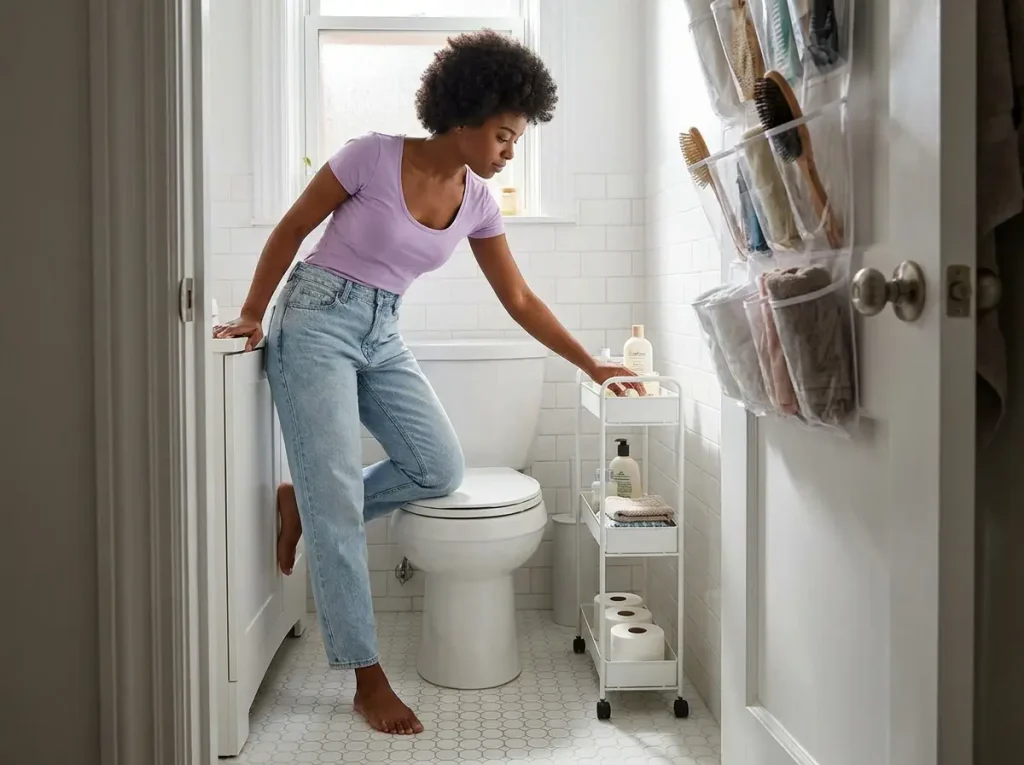 Woman pulling item from slim rolling cart beside toilet in apartment bathroom