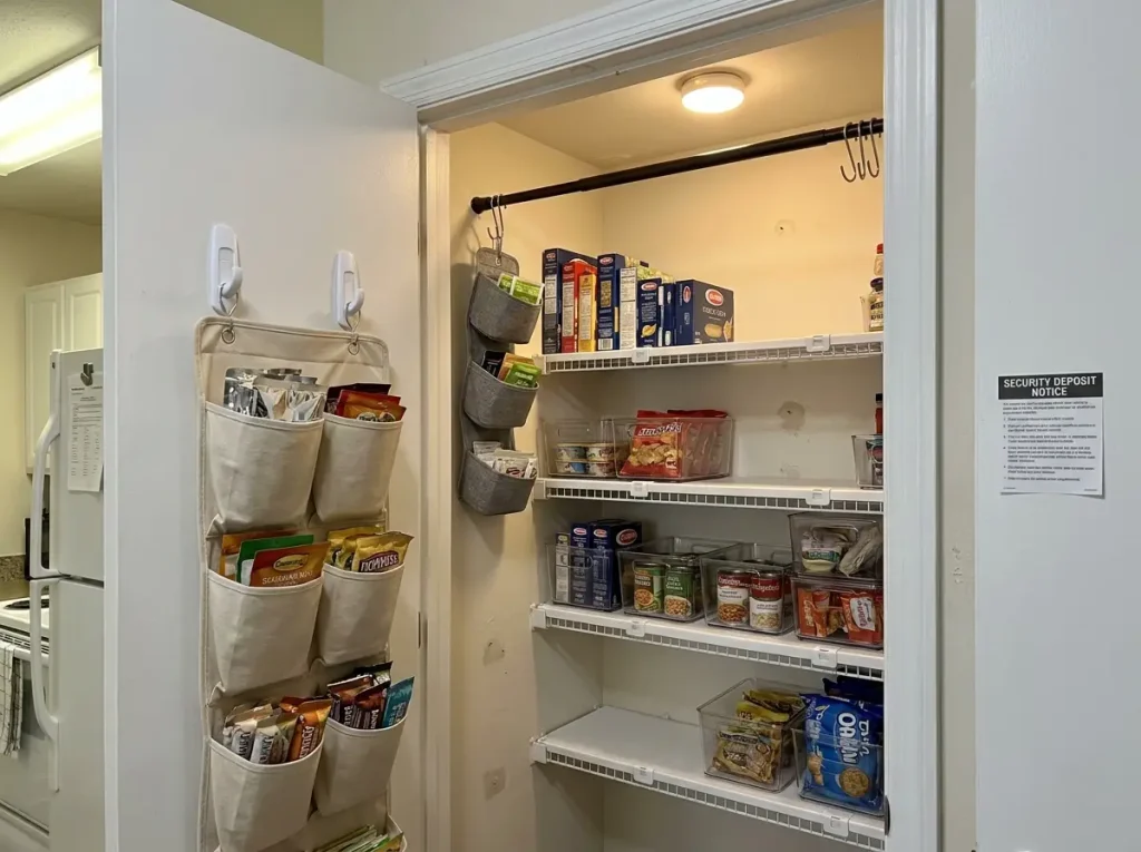 Pantry Organization That Works After the First Week 12 Wire pantry shelves with shelf liner and command strip organizers for renters