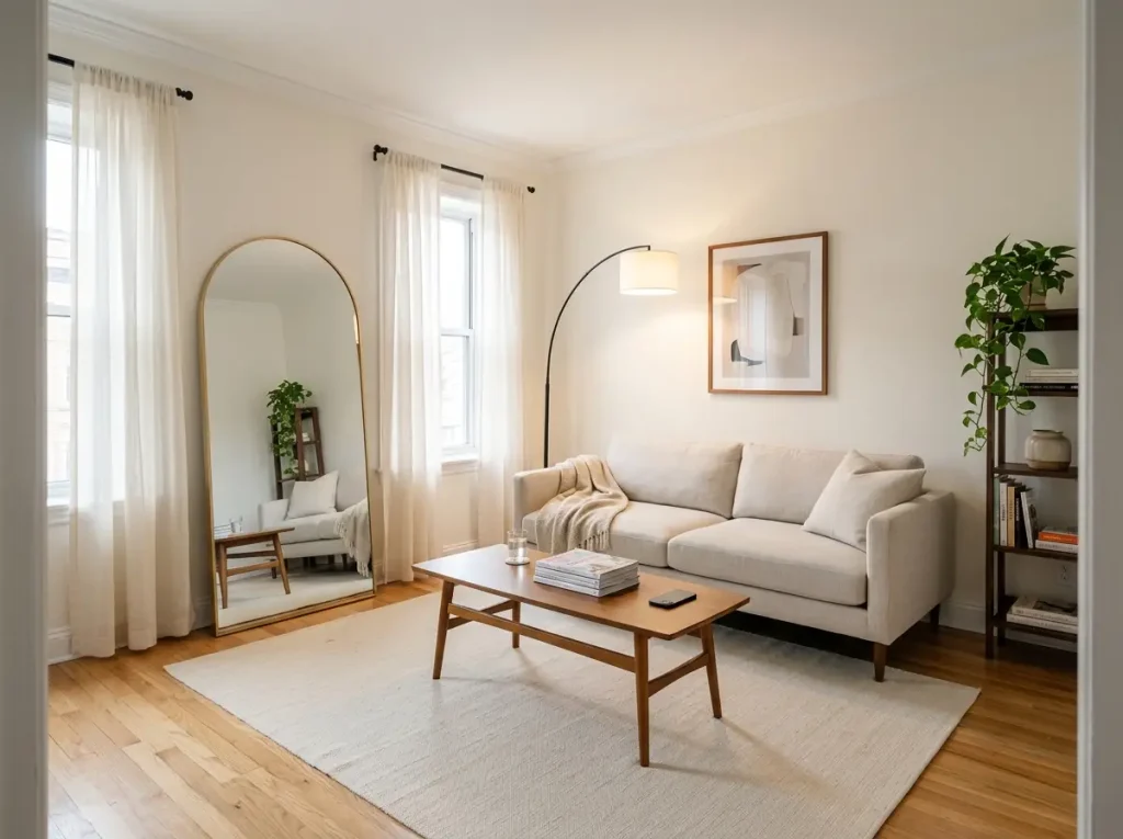 Renter-friendly small living room with leaning mirror, tension rod curtains, arc floor lamp, and floating sofa