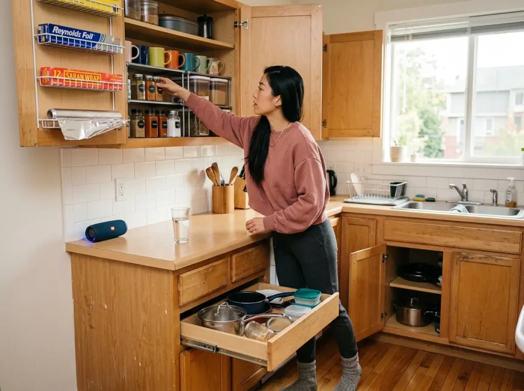 Chinese American woman doing quick monthly cabinet reset in organized rental kitchen, checking all zones