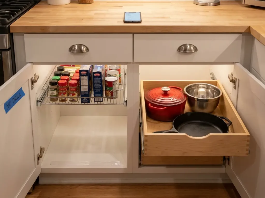 Two deep cabinets side by side showing adhesive pull-out and screw-mounted pull-out shelves
