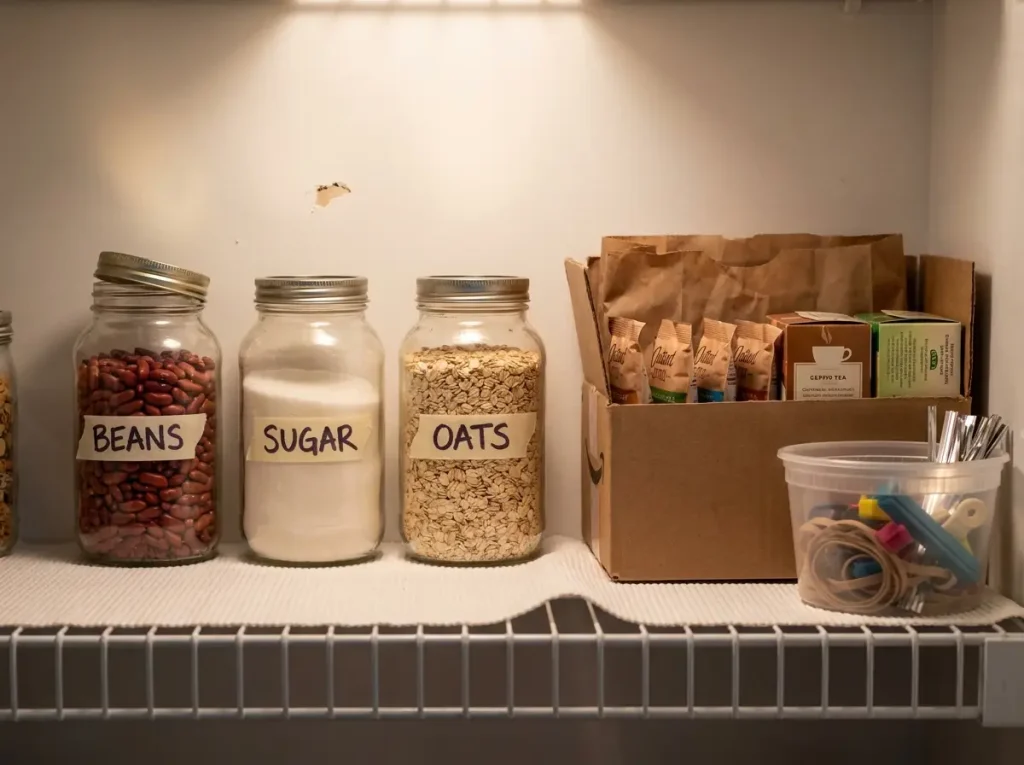 Repurposed glass jars and cardboard boxes used as free pantry organizers