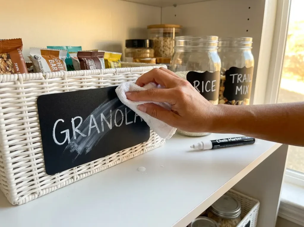 Hand wiping chalkboard label on pantry bin with damp cloth showing reusable label system