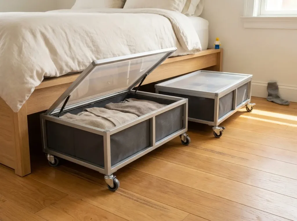 Two rolling under-bed storage containers with clear lids pulled out from light oak platform bed onto hardwood floor