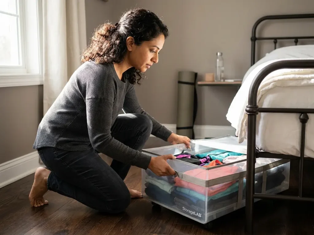 Woman pulling rolling under-bed storage container out from metal frame bed on hardwood floor
