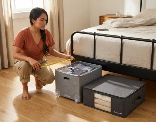 Rolling vs Flat Under Bed Storage (What Works) Rolling and flat under-bed storage containers side by side on hardwood bedroom floor showing height difference