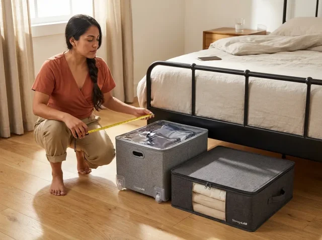 Rolling and flat under-bed storage containers side by side on hardwood bedroom floor showing height difference