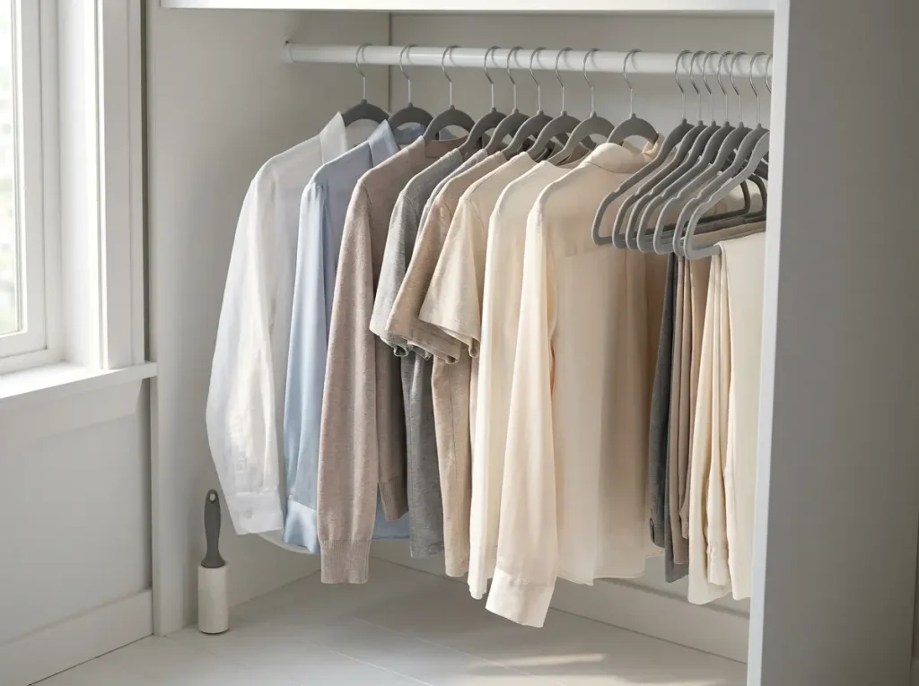 5 Slim Hangers Tested — One Freed 11 Inches of Rod 6 Grey rubberized plastic slim hangers on closet rod holding clothes without fuzz or shedding