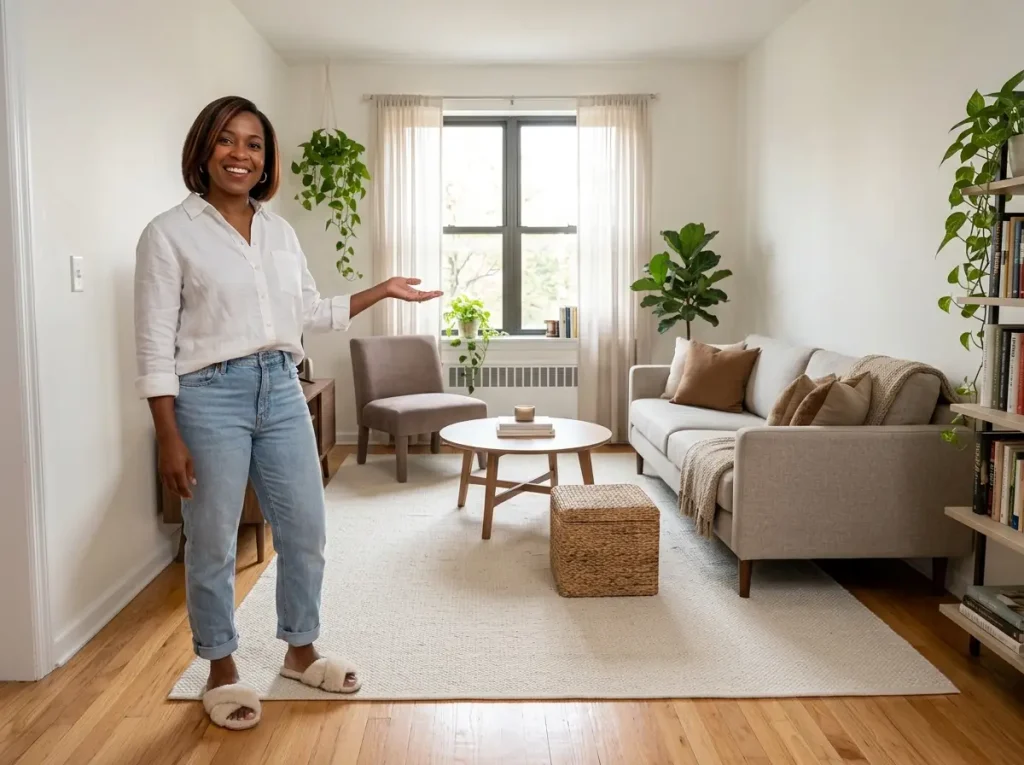 African American woman standing beside rug anchoring living room conversation zone in apartment