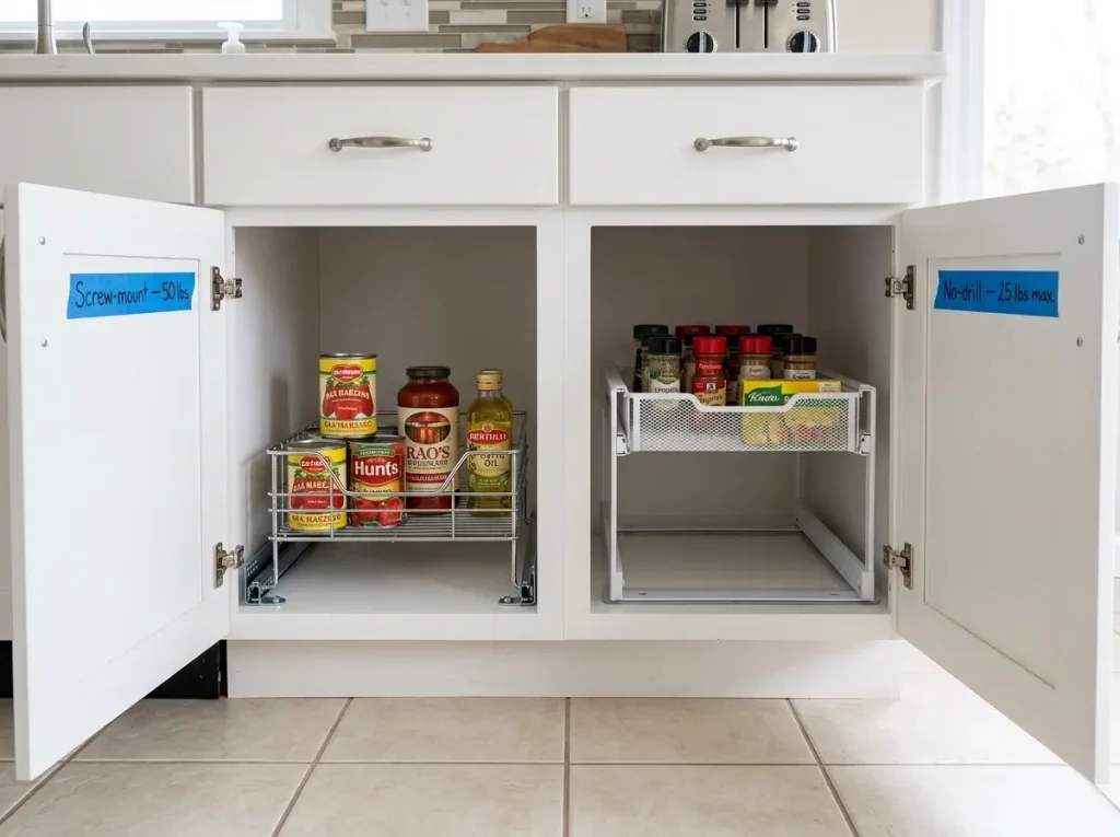 Side-by-side comparison of screw-mounted and adhesive pull-out organizers inside kitchen base cabinets