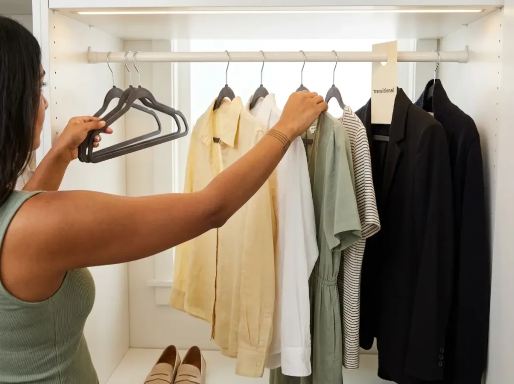 Hands arranging spring clothes on velvet hangers with space between items in reach-in closet