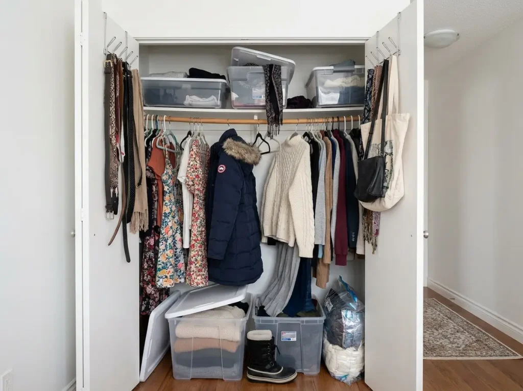 Overstuffed reach-in closet with winter and summer clothes crammed together on one rod