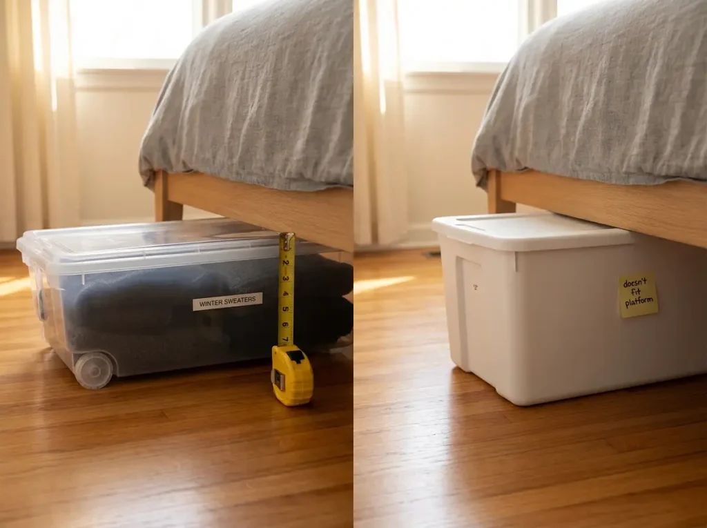 Low-profile clear rolling storage bin being slid under platform bed showing 7-inch clearance