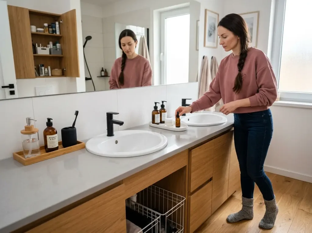 Two bathroom counter zones side by side on a double sink vanity, one bamboo tray and one white tray