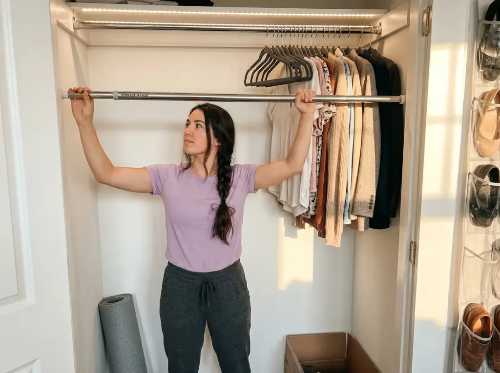 Mexican woman in lavender top installing adjustable double rod in shared reach-in closet