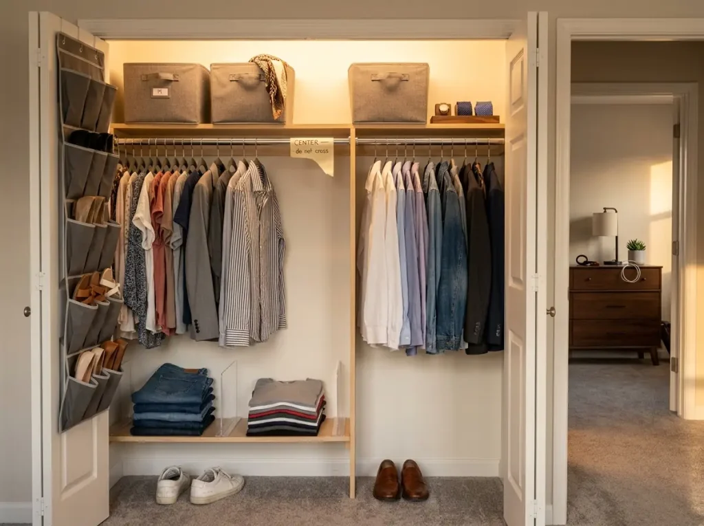 Organized shared closet with clear left and right division, uniform velvet hangers, shelf dividers